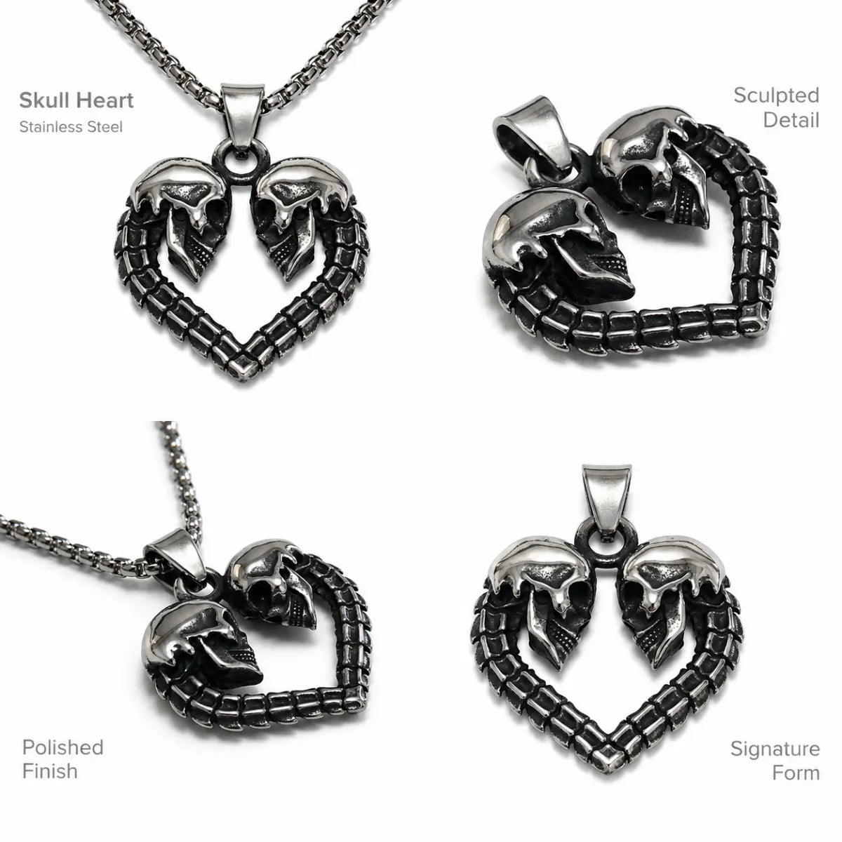 Skull Heart Necklace Silver Multi Angle Product Feature Showcase