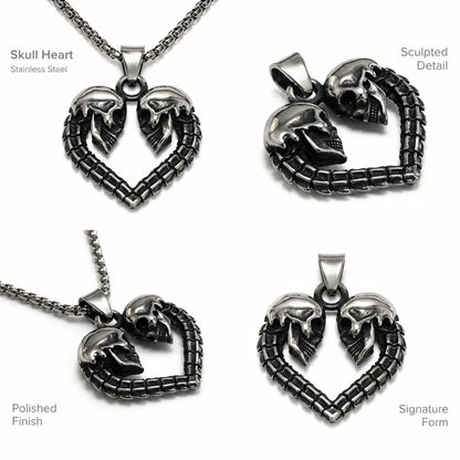 Skull Heart Necklace Silver Multi Angle Product Feature Showcase