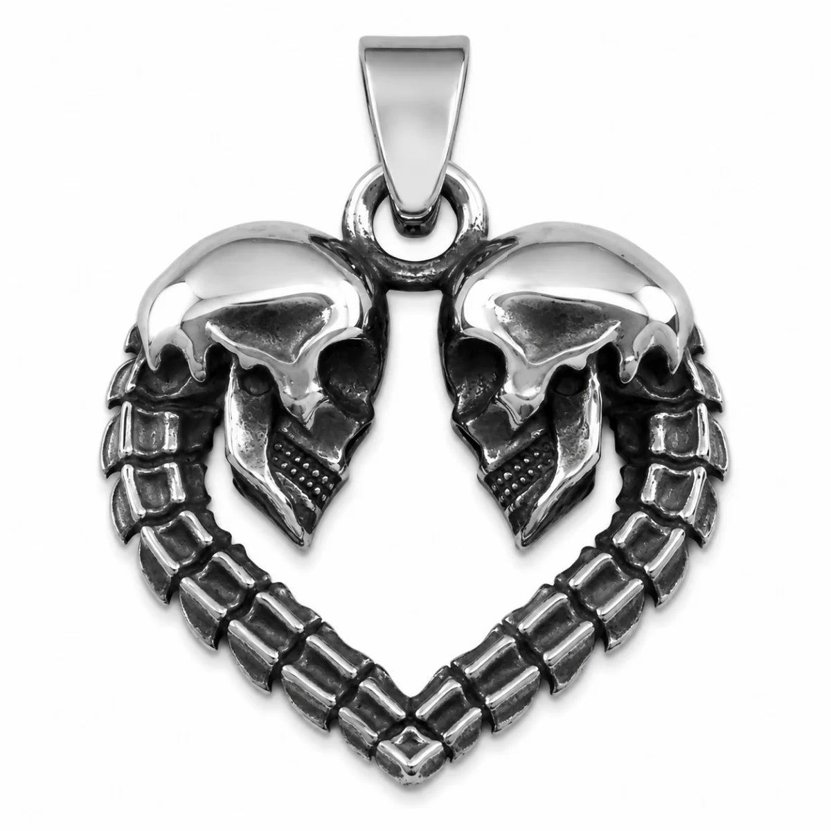 Skull Heart Necklace Silver Pendant Only Front View White Background