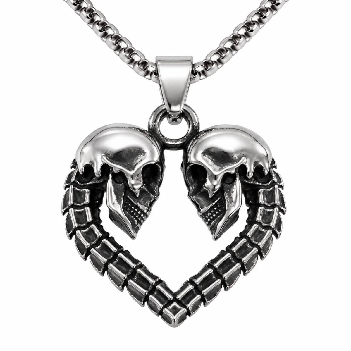 Skull Heart Necklace Silver Pendant with Chain Front View White Background