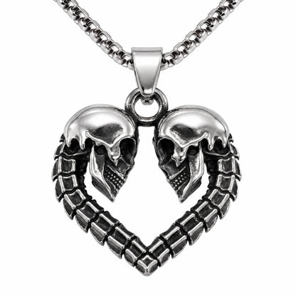 Skull Heart Necklace Silver Pendant with Chain Front View White Background