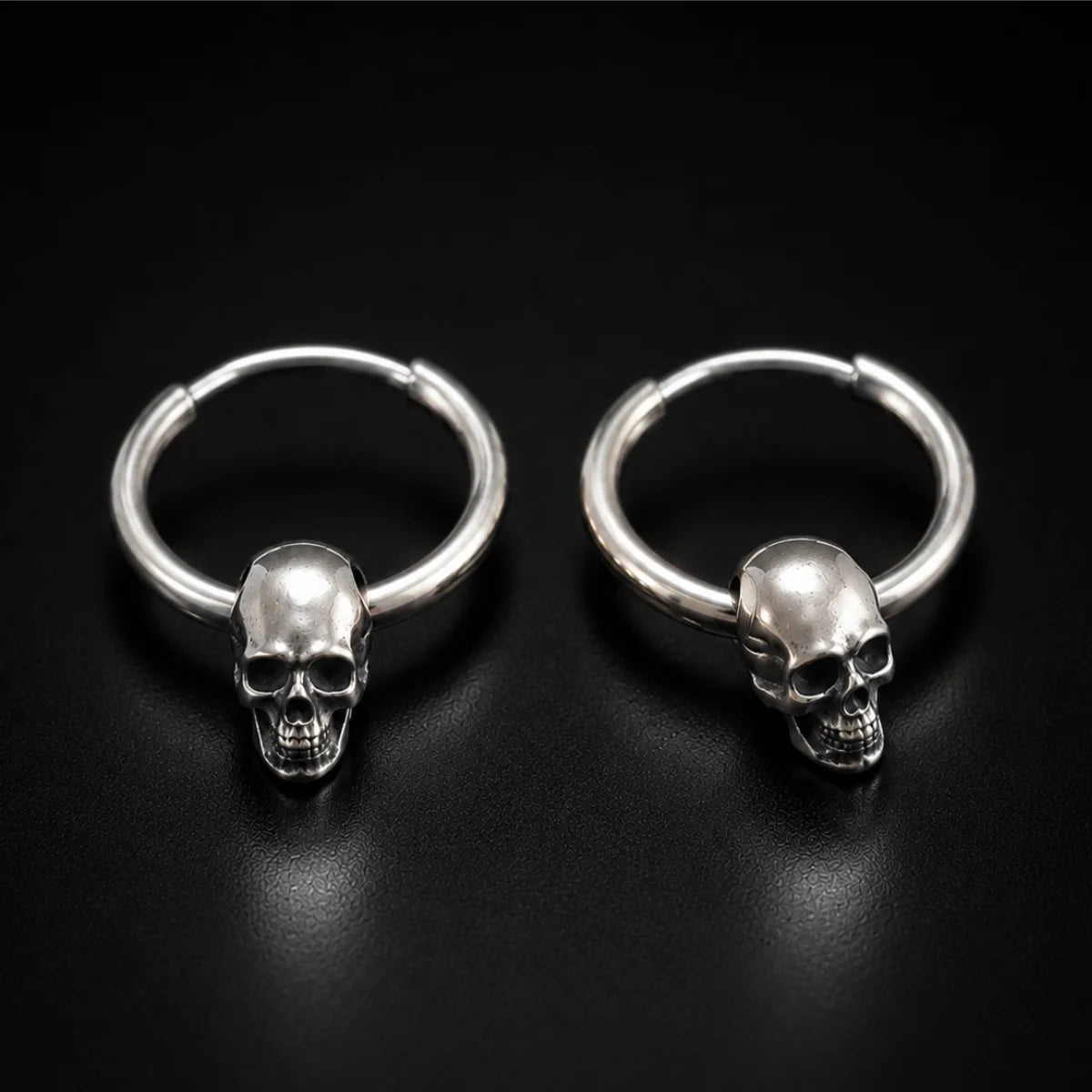 Skull Hoop Earrings 925 Silver Pair Close Up Black Background