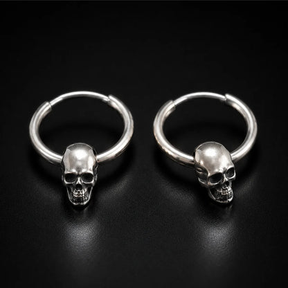 Skull Hoop Earrings 925 Silver Pair Close Up Black Background