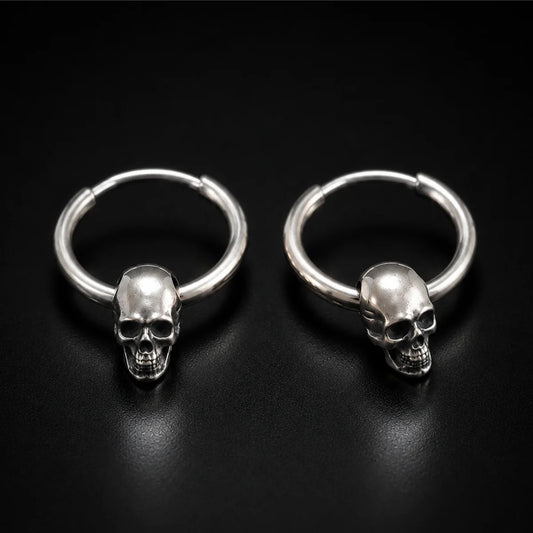 Skull Hoop Earrings 925 Silver Pair Close Up Black Background
