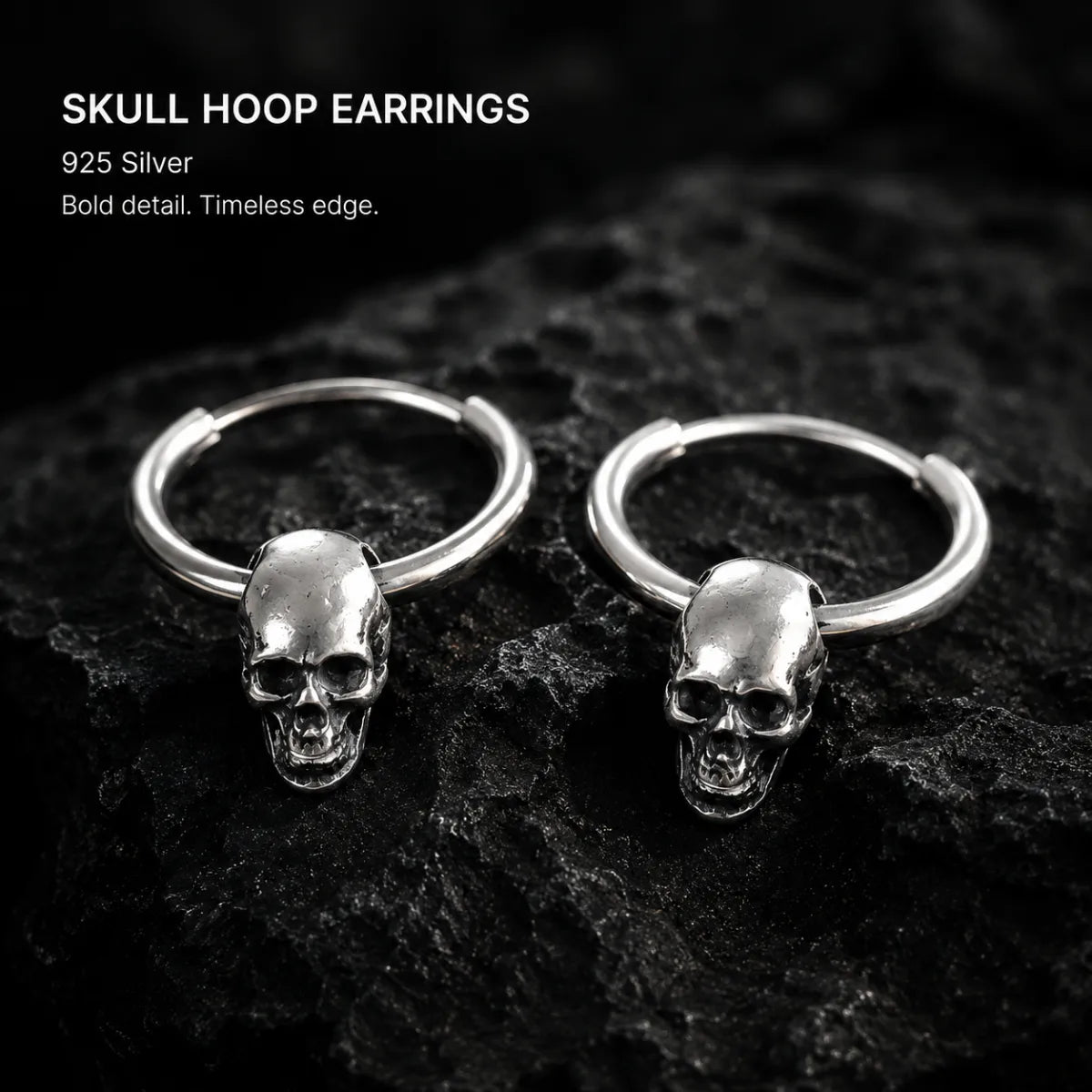 Skull Hoop Earrings 925 Silver Pair Displayed on Stone Surface