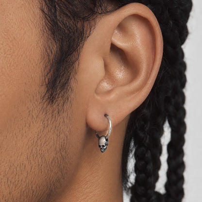 Skull Hoop Earrings 925 Silver Worn by Male Model Close Up