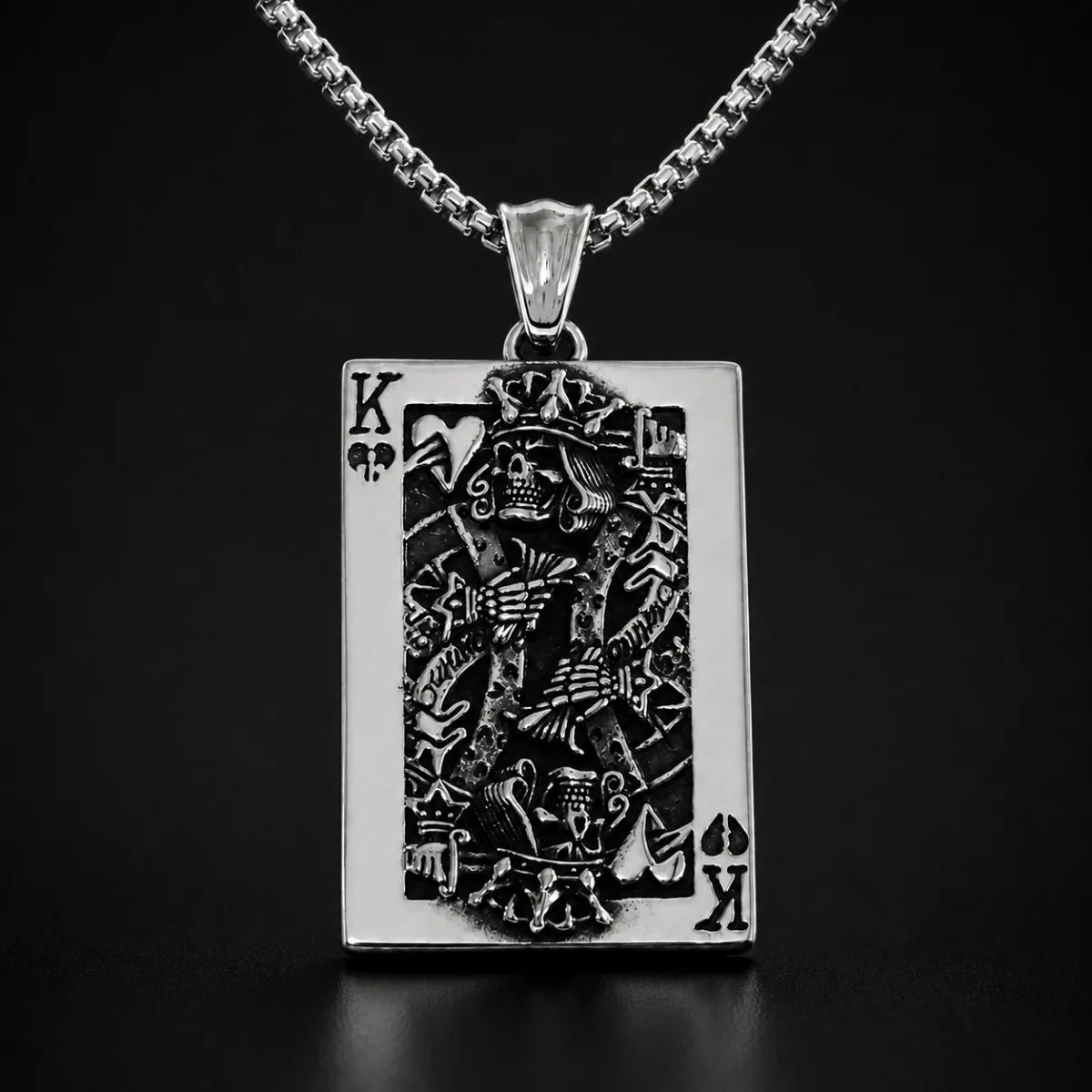 Skull King Playing Card Pendant Necklace Silver Close Up Black Background