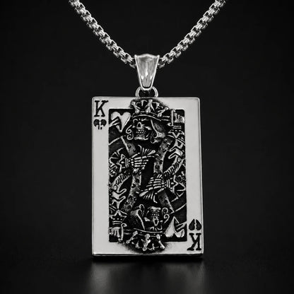 Skull King Playing Card Pendant Necklace Silver Close Up Black Background