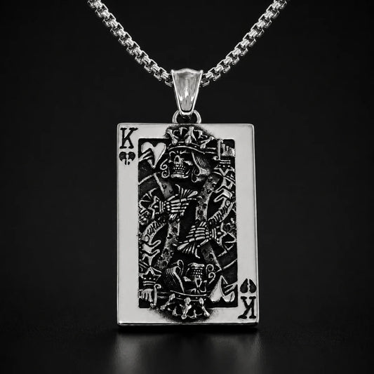 Skull King Playing Card Pendant Necklace Silver Close Up Black Background
