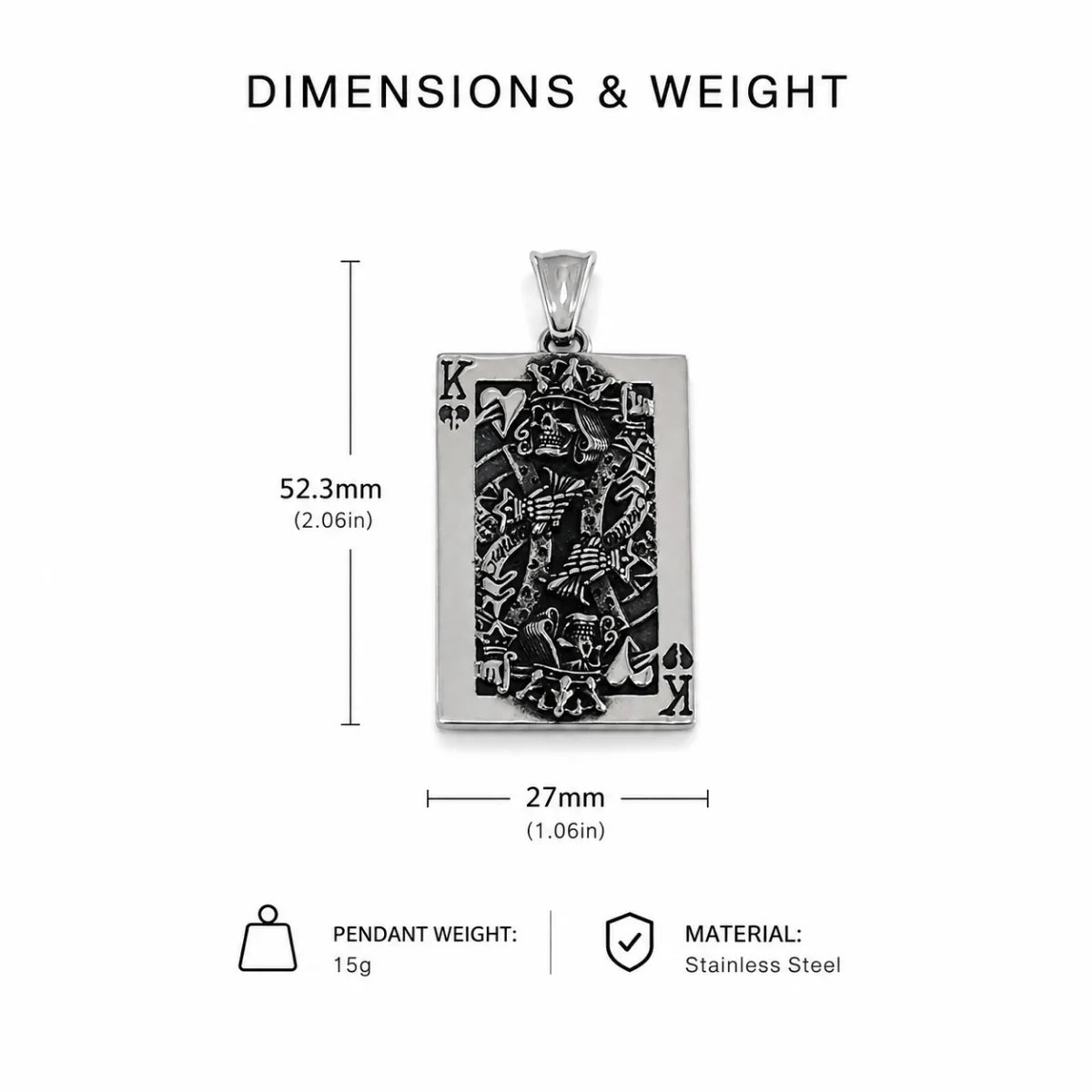 Skull King Playing Card Pendant Necklace Silver Dimension Diagram 54.3mm 2.14inch and 26.1mm 1.03inch