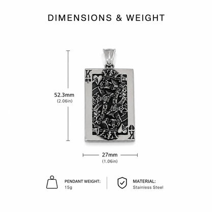 Skull King Playing Card Pendant Necklace Silver Dimension Diagram 54.3mm 2.14inch and 26.1mm 1.03inch