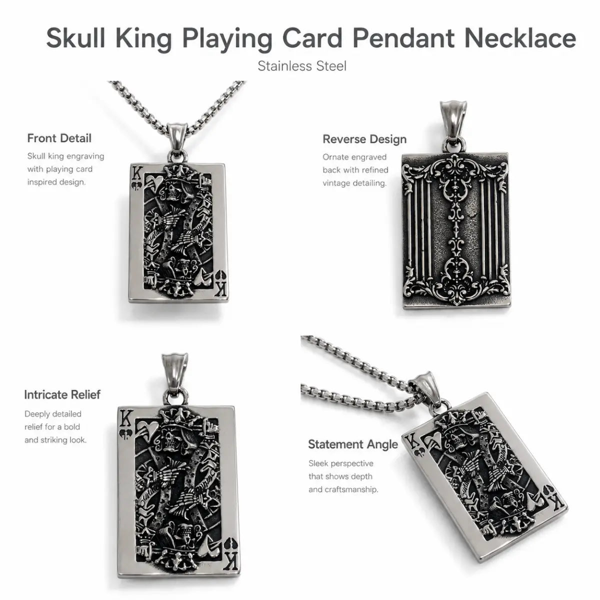 Skull King Playing Card Pendant Necklace Silver Multi Angle Product Feature Showcase