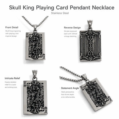 Skull King Playing Card Pendant Necklace Silver Multi Angle Product Feature Showcase