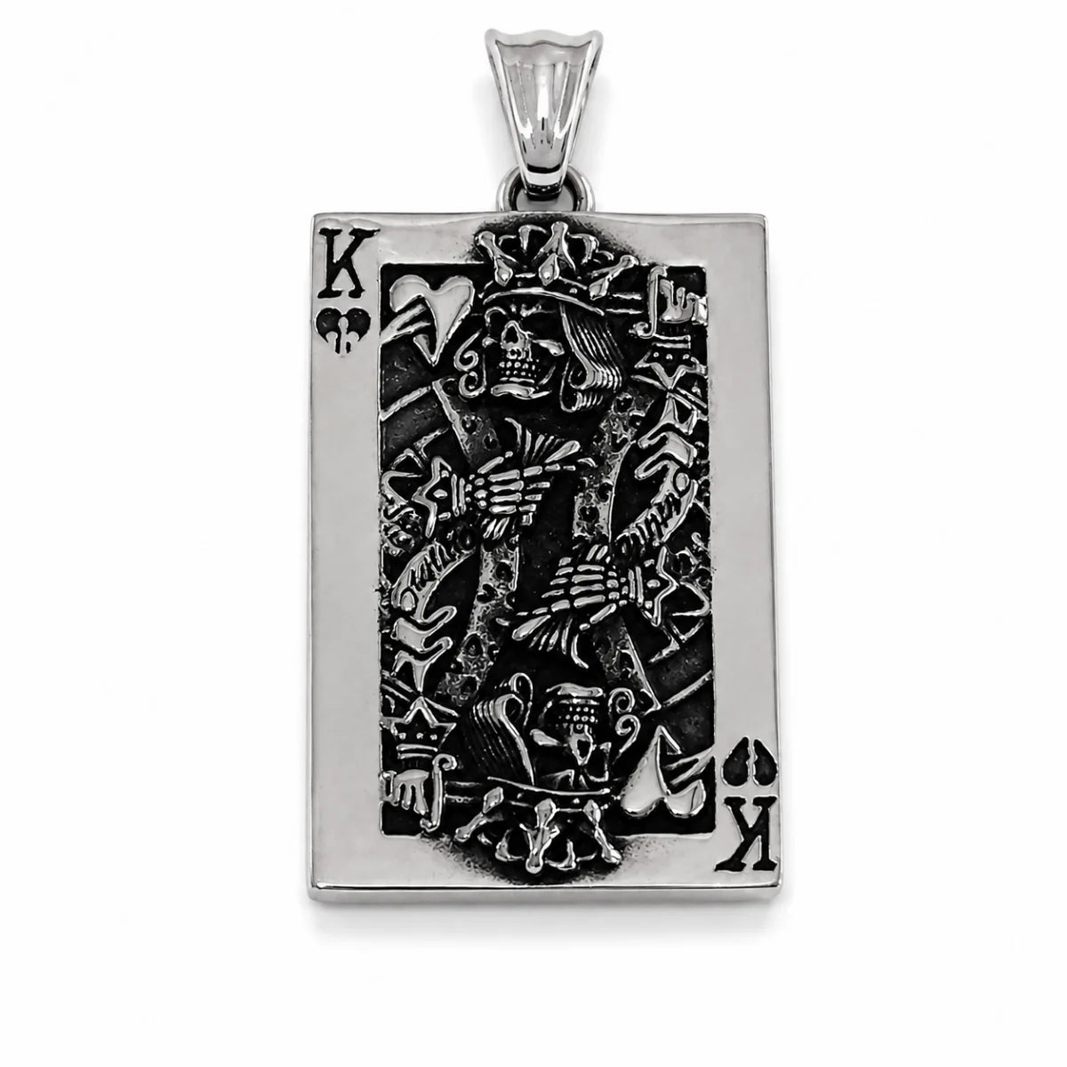 Skull King Playing Card Pendant Necklace Silver Pendant Only Front View White Background