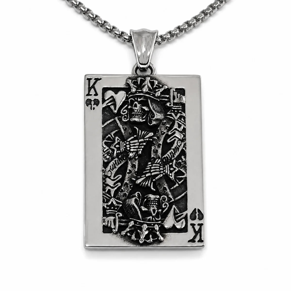 Skull King Playing Card Pendant Necklace Silver Pendant with Chain Front View White Background