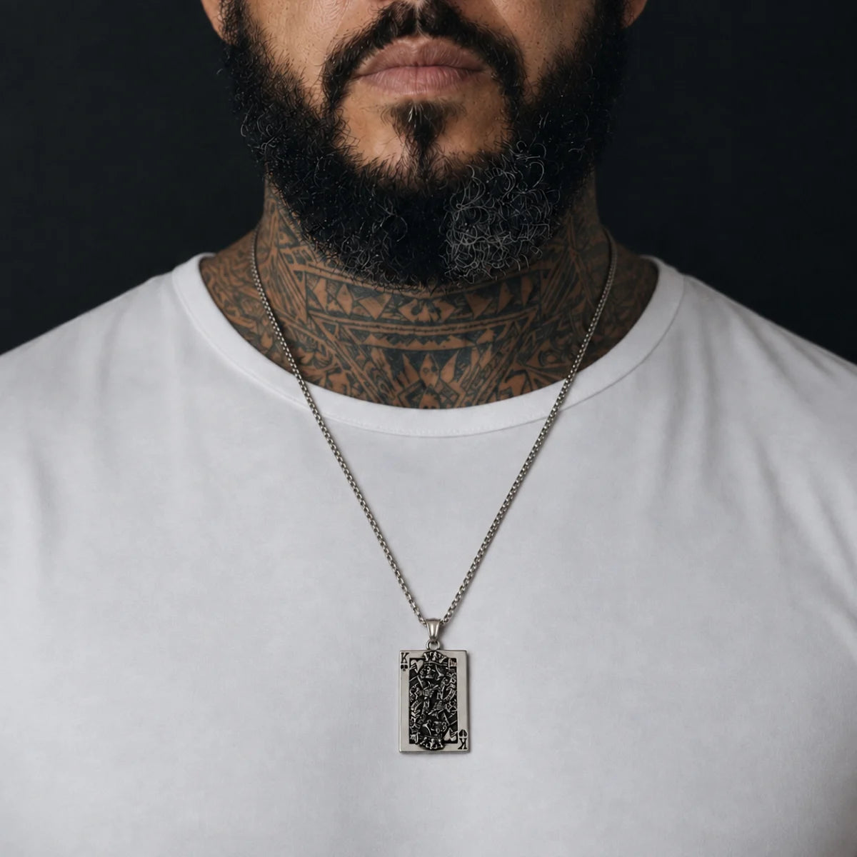 Skull King Playing Card Pendant Necklace Silver Worn by Male Model Chest View