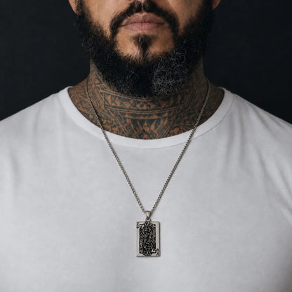Skull King Playing Card Pendant Necklace Silver Worn by Male Model Chest View