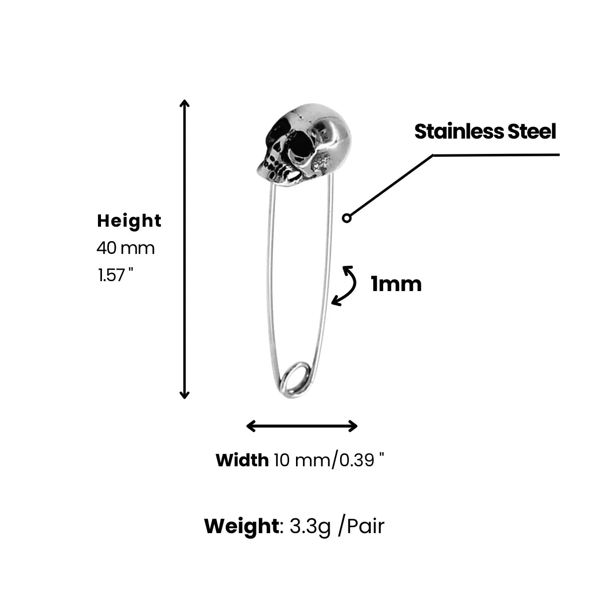 Skull Safety Pin Earrings Dimensions and Weight