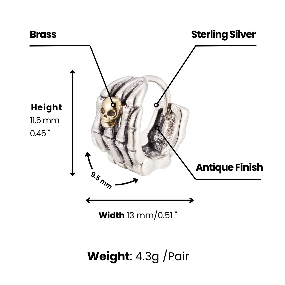 Skull Skeleton Hand Huggie Hoop Earrings Dimensions and Weight