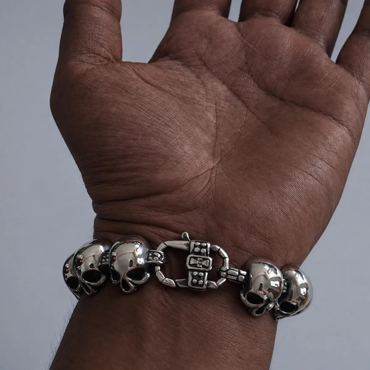Skull and Crossbones Bracelet Stainless Steel Clasp Detail Worn on Wrist