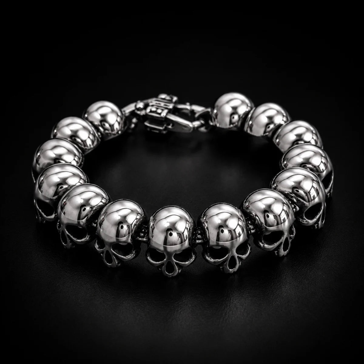 Skull and Crossbones Bracelet Stainless Steel Displayed Black Background