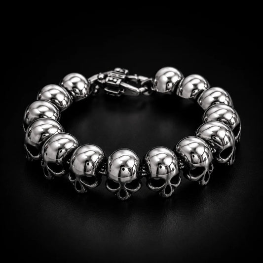 Skull and Crossbones Bracelet Stainless Steel Displayed Black Background