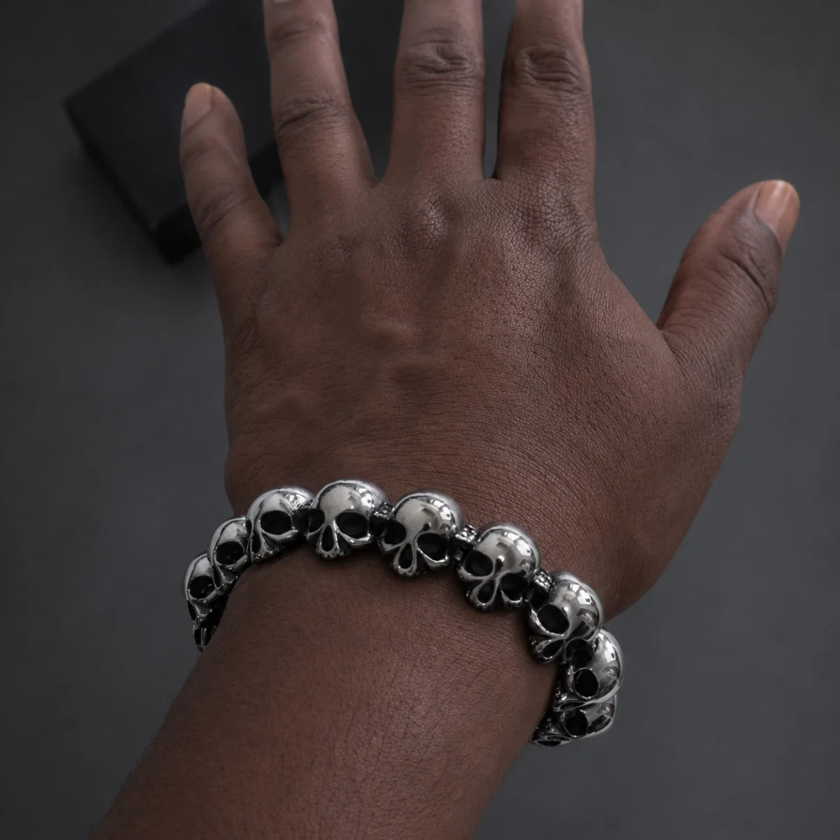 Skull and Crossbones Bracelet Stainless Steel Worn on Wrist Back View