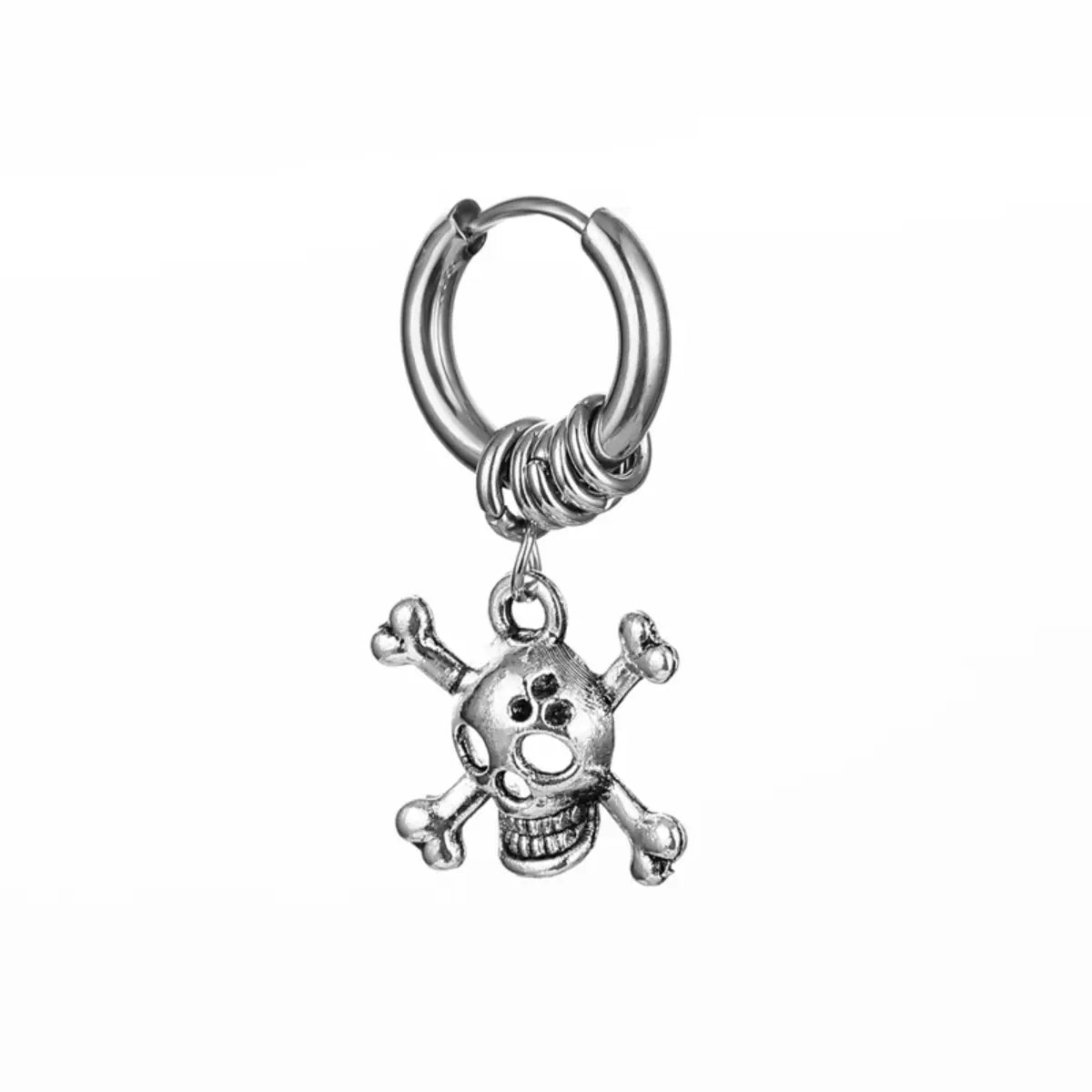 Skull and Crossbones Dangle Hoop Earrings Silver Details