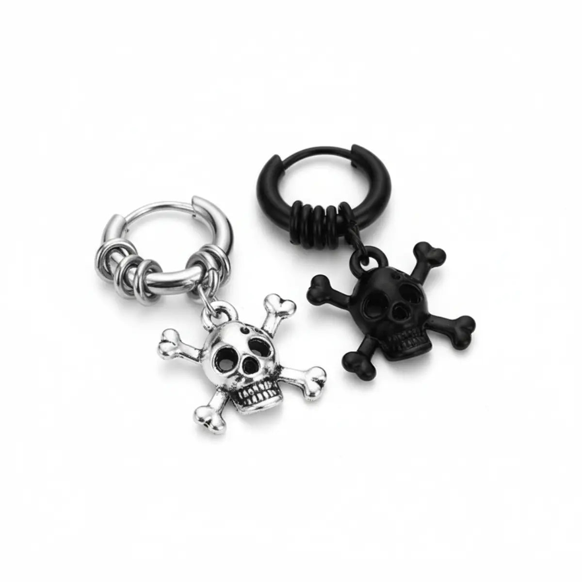 Skull and Crossbones Dangle Hoop Earrings Silver and Black