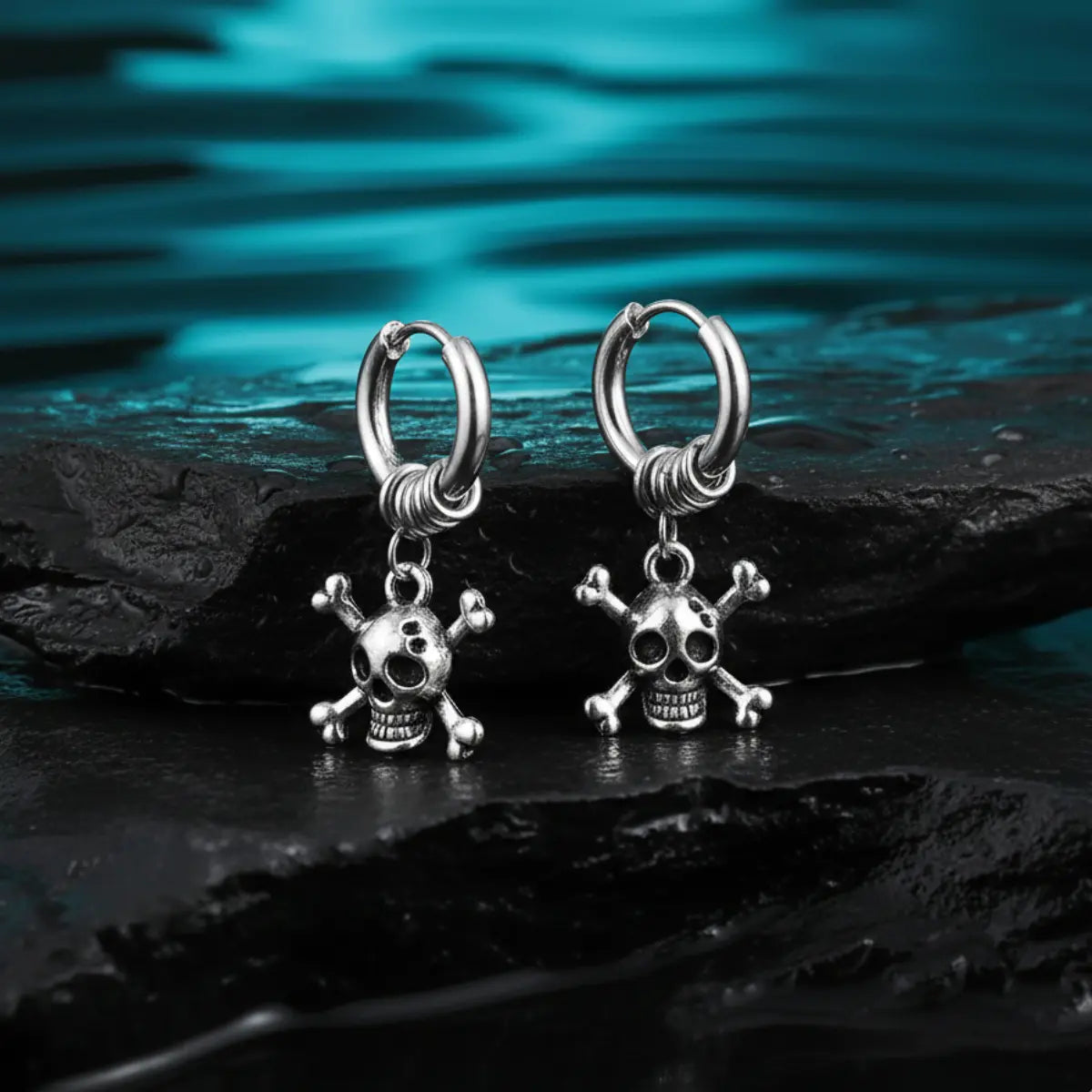 Skull and Crossbones Dangle Hoop Earrings Silver