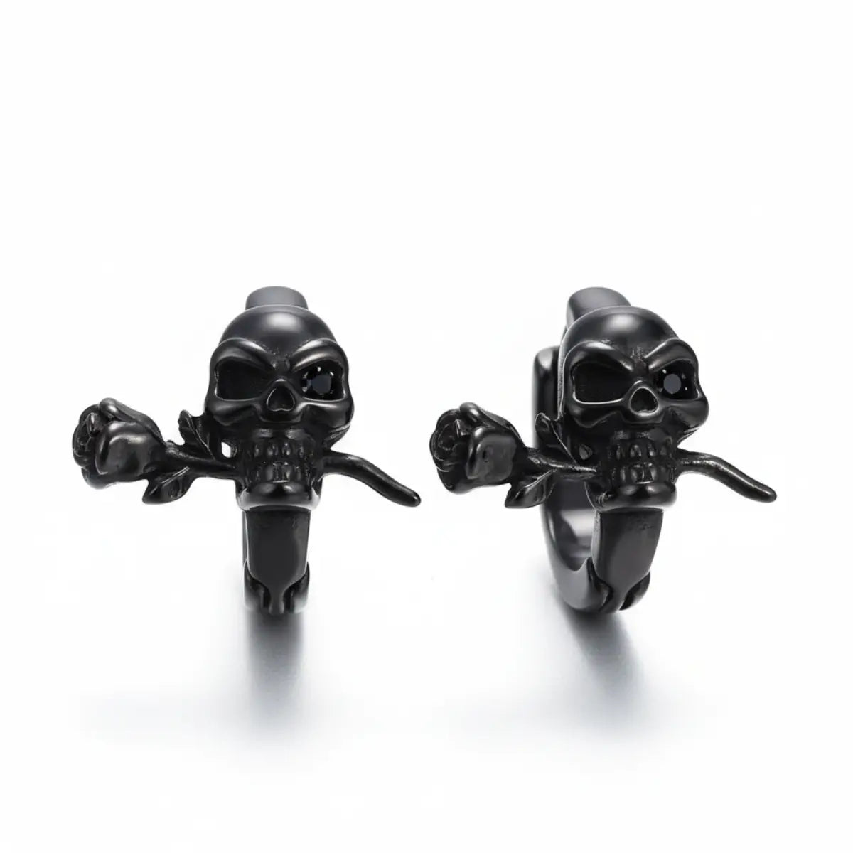 Skull and Rose Hoop Earrings Black Front View