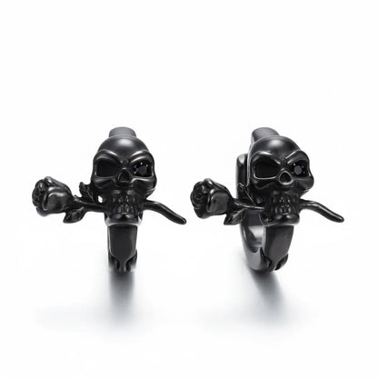 Skull and Rose Hoop Earrings Black Front View