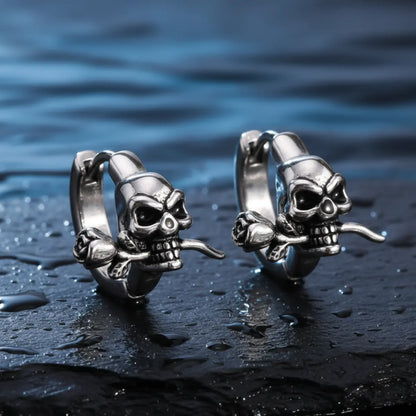 Skull and Rose Hoop Earrings Silver Side View