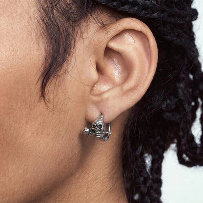 Skull and Rose Hoop Earrings Silver Worn by Male Model