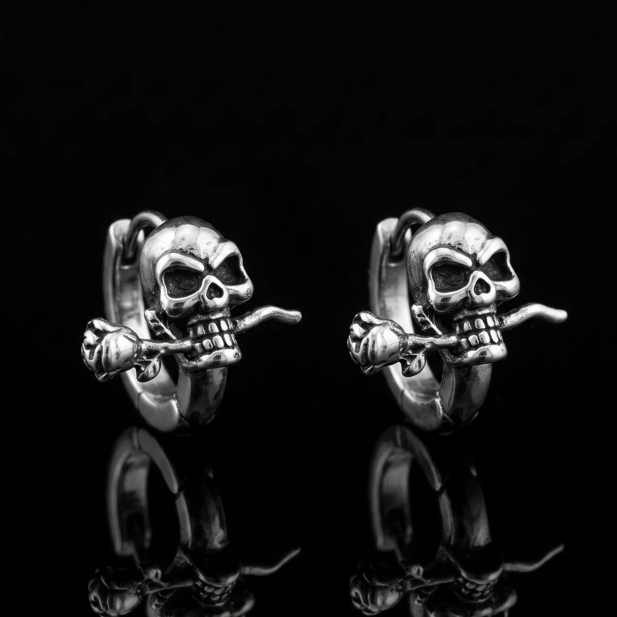Skull and Rose Hoop Earrings Silver