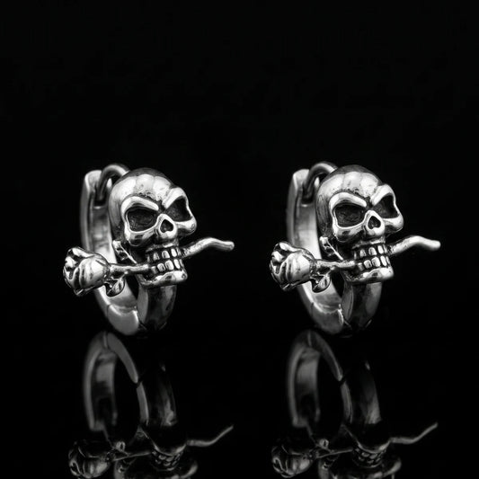Skull and Rose Hoop Earrings Silver