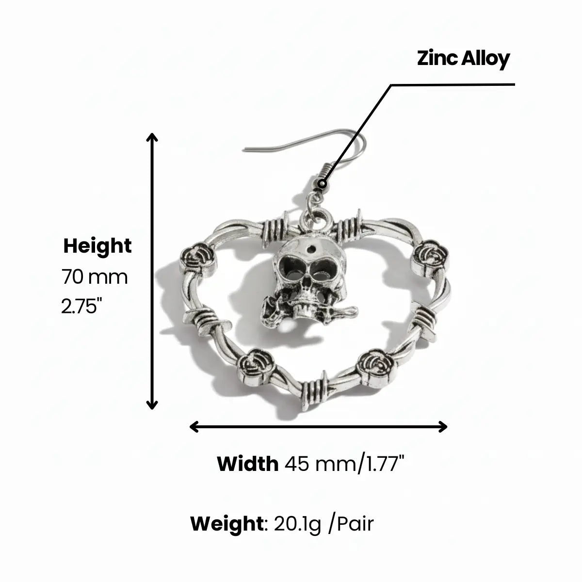Skull with Roses Drop Earrings Dimensions and Weight