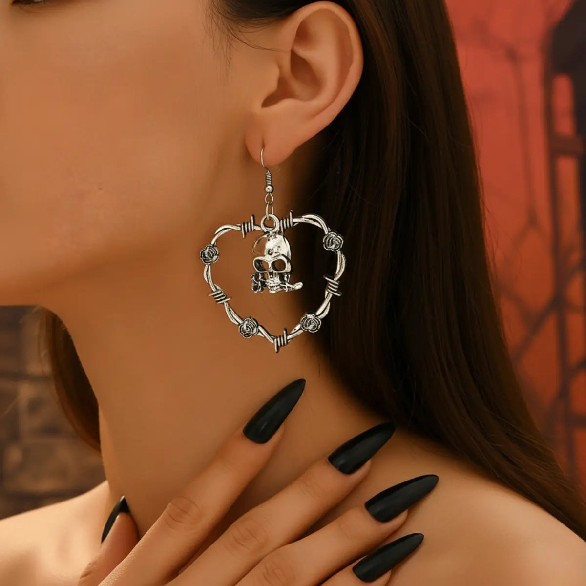 Skull with Roses Drop Earrings Worn by Female Model