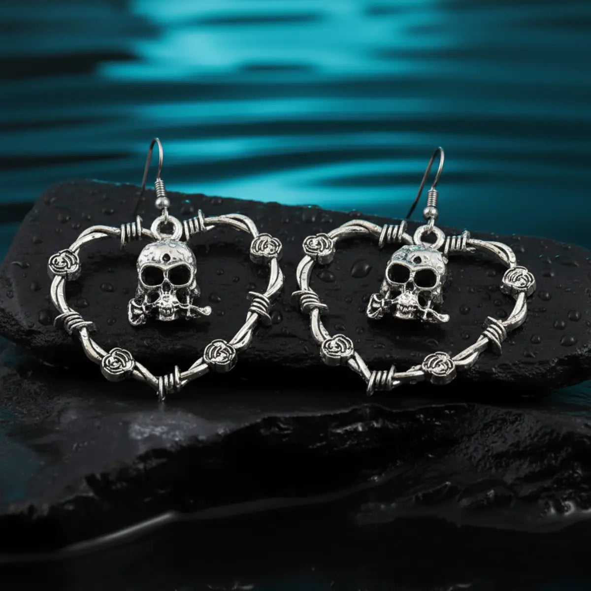 Skull with Roses Drop Earrings
