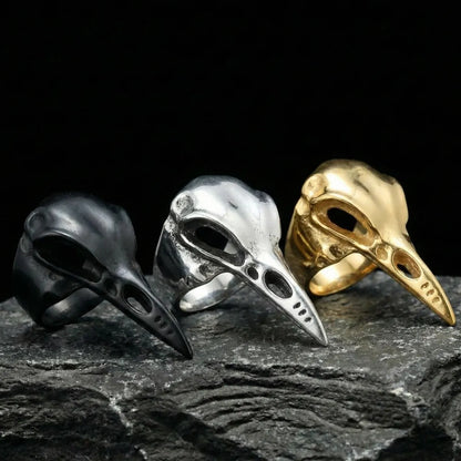 Sleek Raven Skull Rings Gold Silver and Black Details