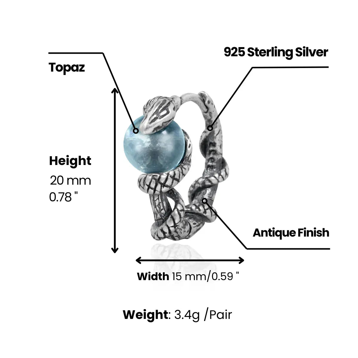 Snake Blue Topaz Hoop Earrings Dimensions and Weight