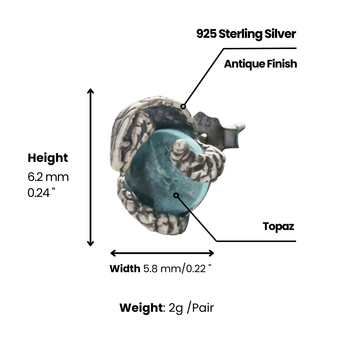 Snake Blue Topaz Stud Earrings Dimensions and Weight