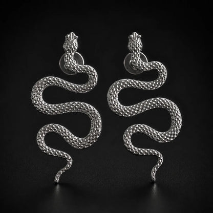 Snake Drop Earrings for Women Silver Pair Close Up Black Background