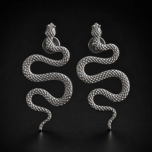 Snake Drop Earrings for Women Silver Pair Close Up Black Background