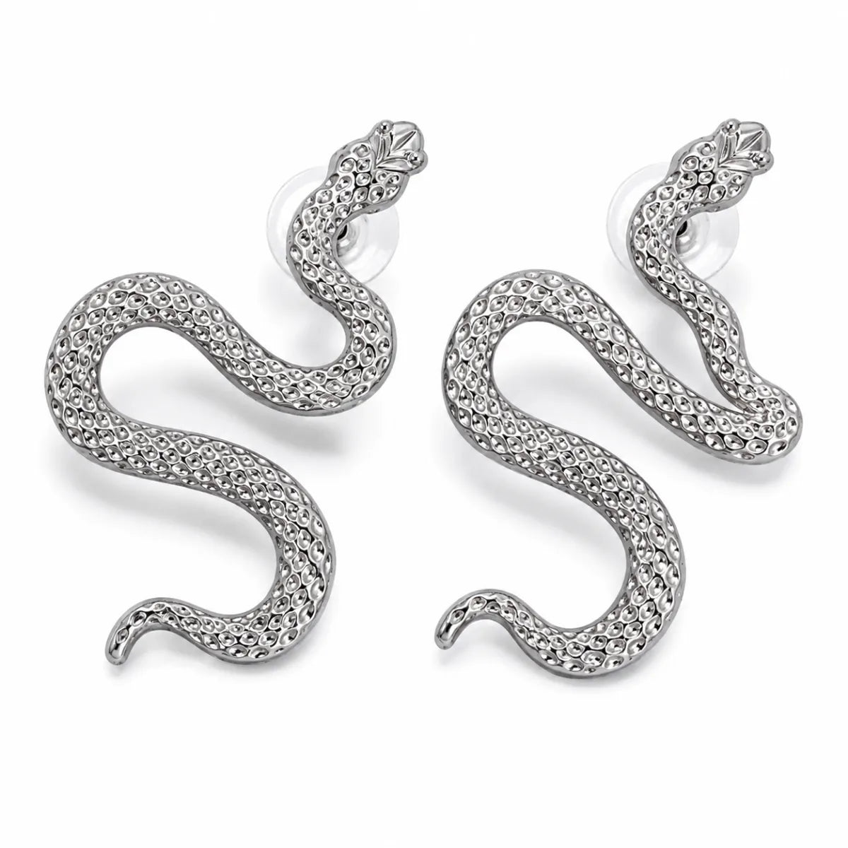 Snake Drop Earrings for Women Silver Pair Front View White Background