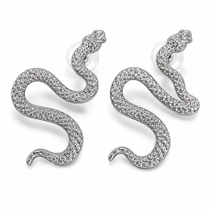 Snake Drop Earrings for Women Silver Pair Front View White Background