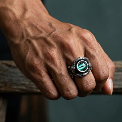 Snake Green Eye Ring Worn by Male Model