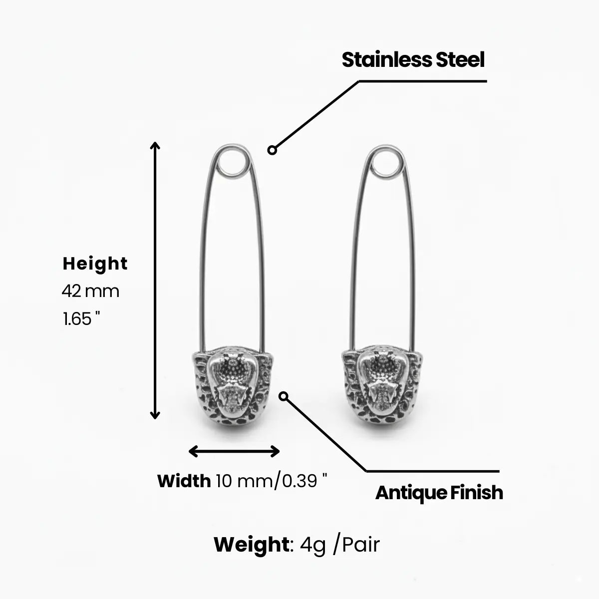 Snake Head Safety Pin Earrings Dimensions and Weight