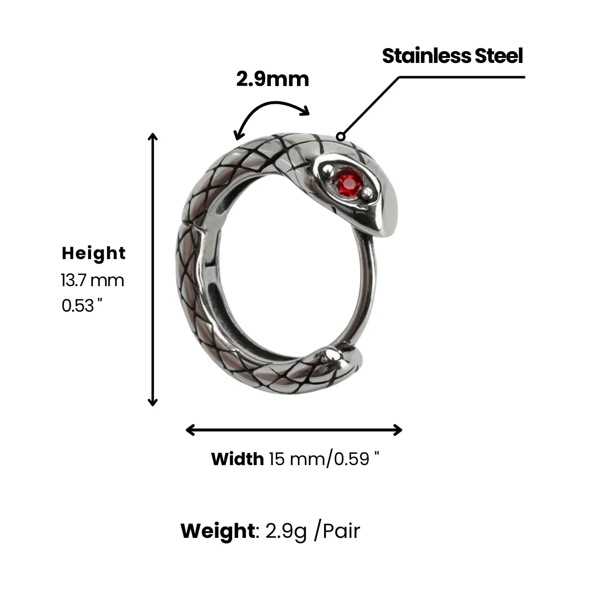 Snake Hoop Earrings Dimensions and Weight