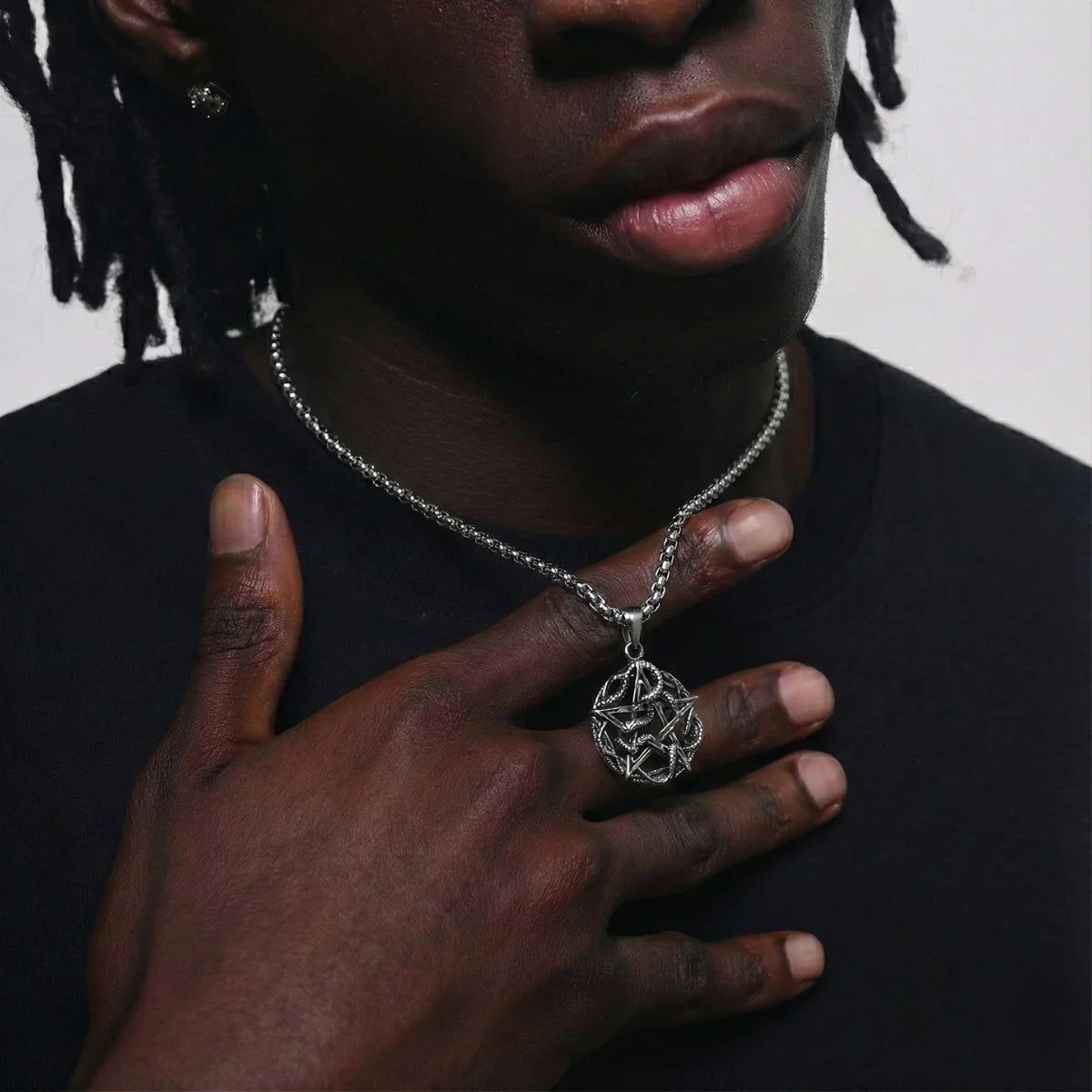 Snake Pentagram Necklace Worn by Male Model